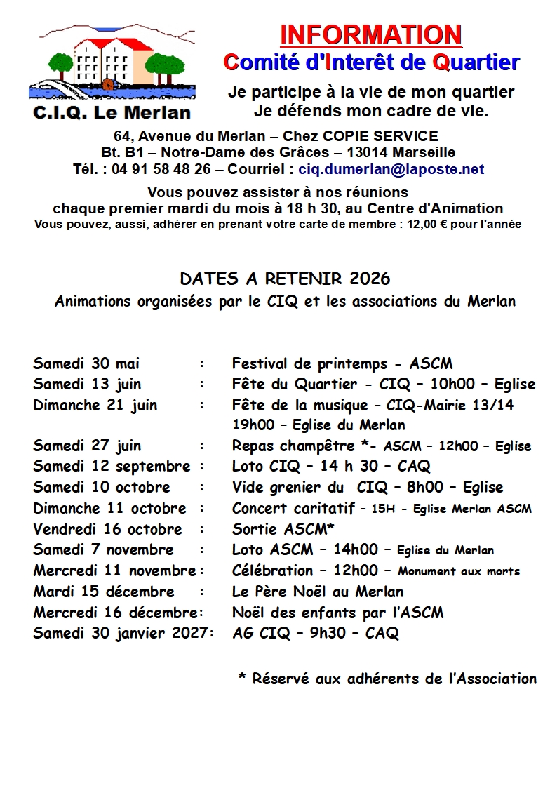 DATES A RETENIR POUR LE QUARTIER "Le Merlan"